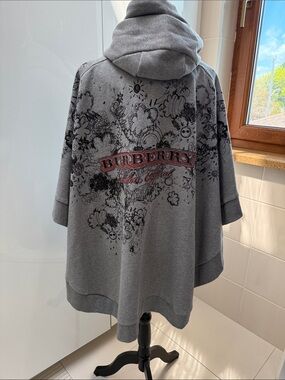 Burberry Gray Hooded Cape with Label Detail